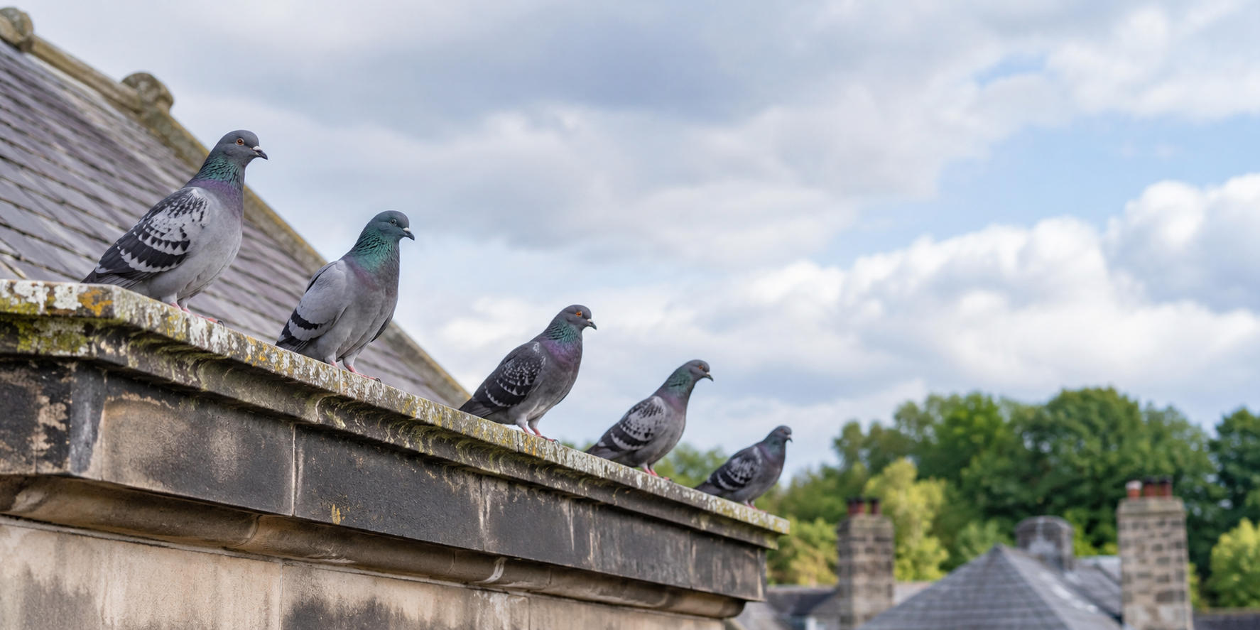 Pigeons perched on a UK roofline