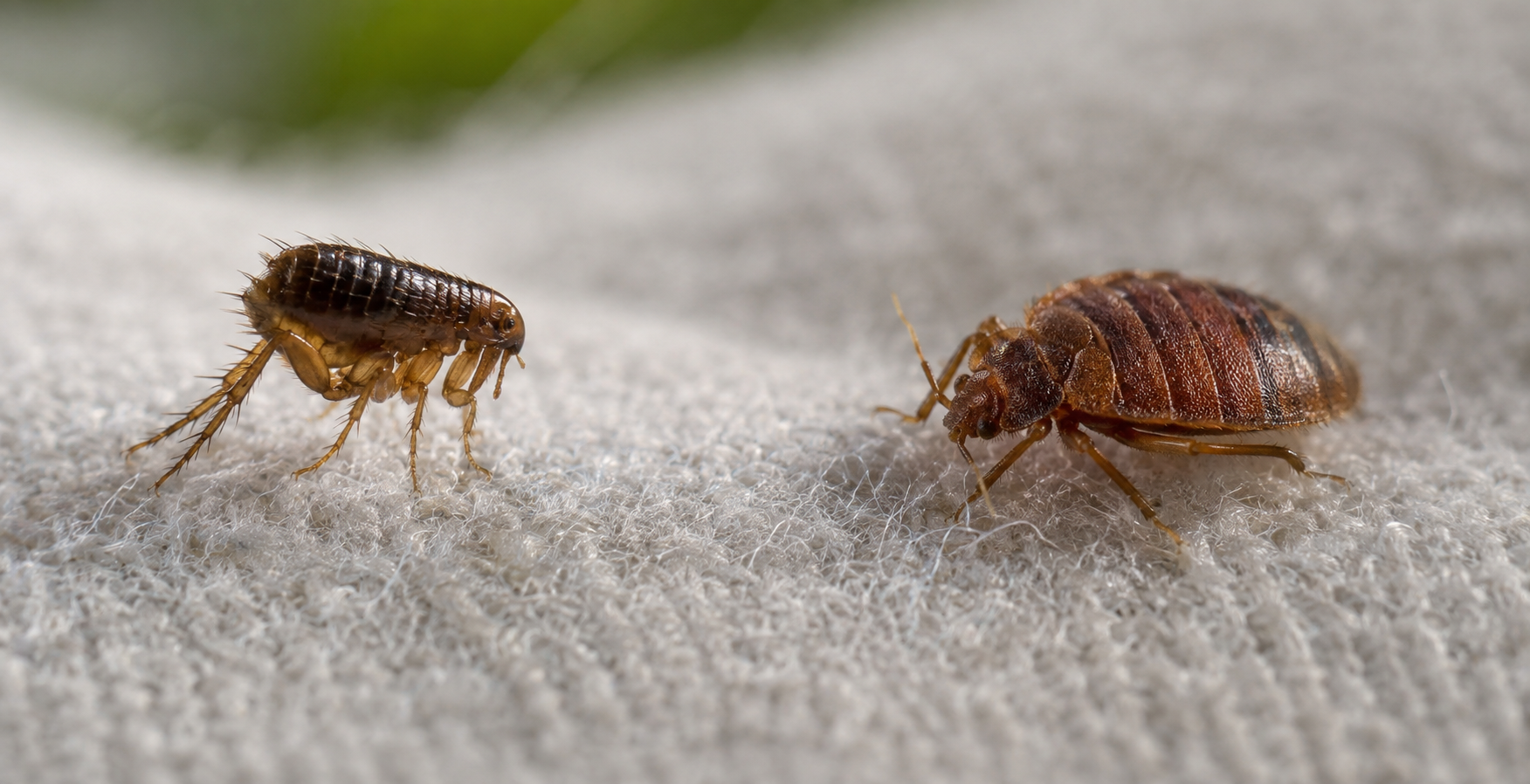 Close view of a flea and bed bug on fabric