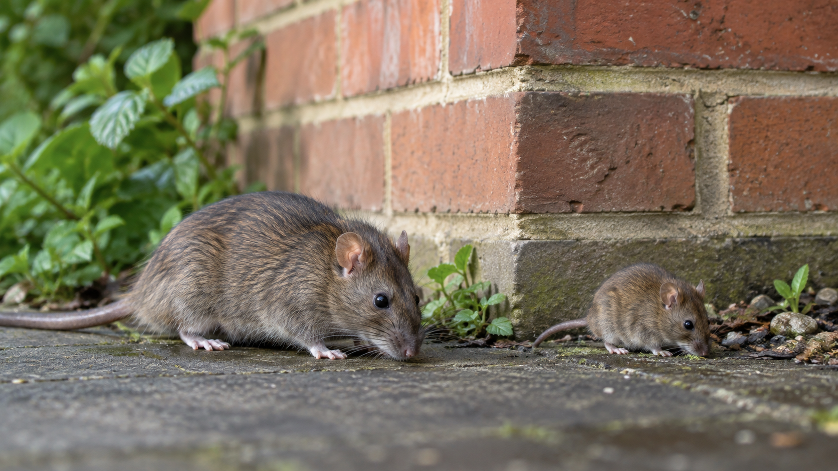 Rat and mouse beside a brick property