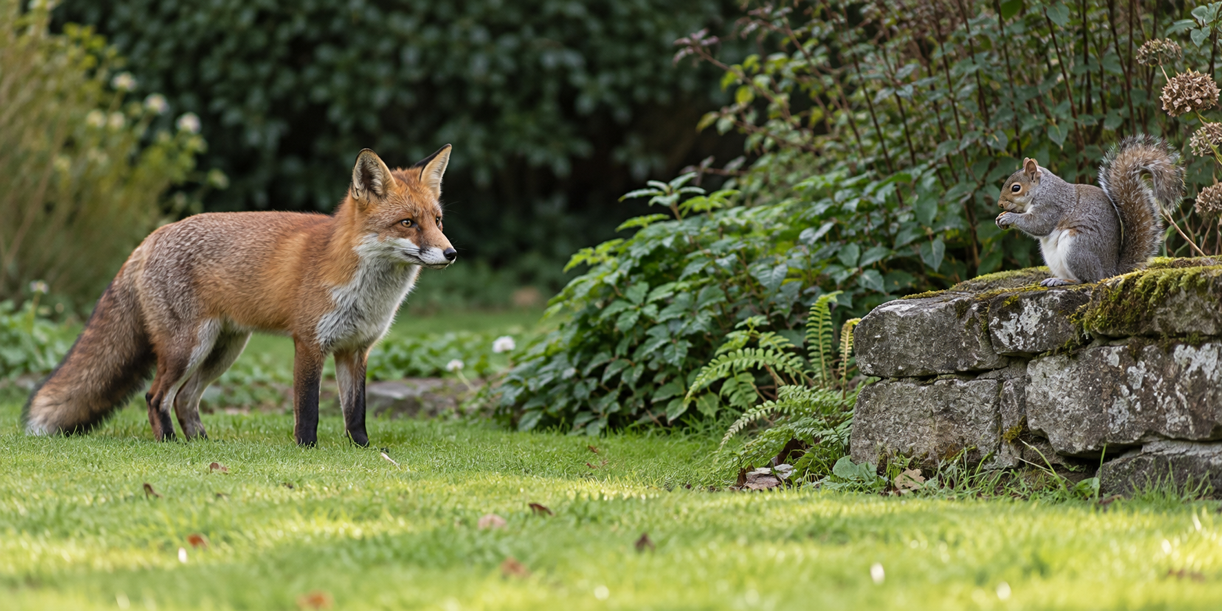 Fox and grey squirrel in a UK garden